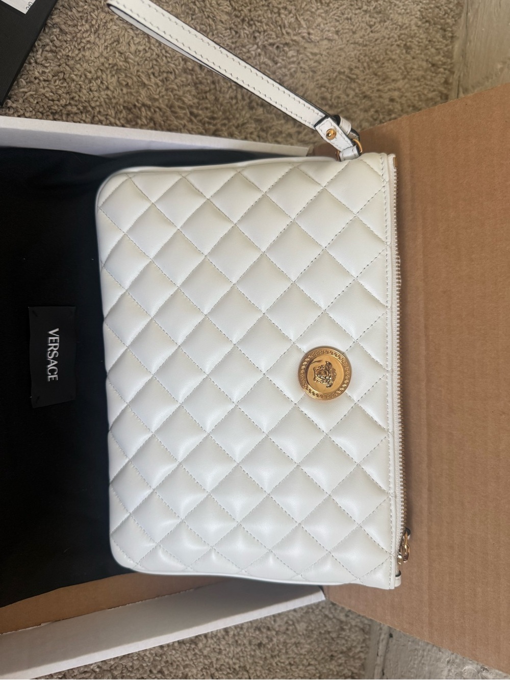 Versace White Quilted Leather Wristlet with Gold Medallion Accent